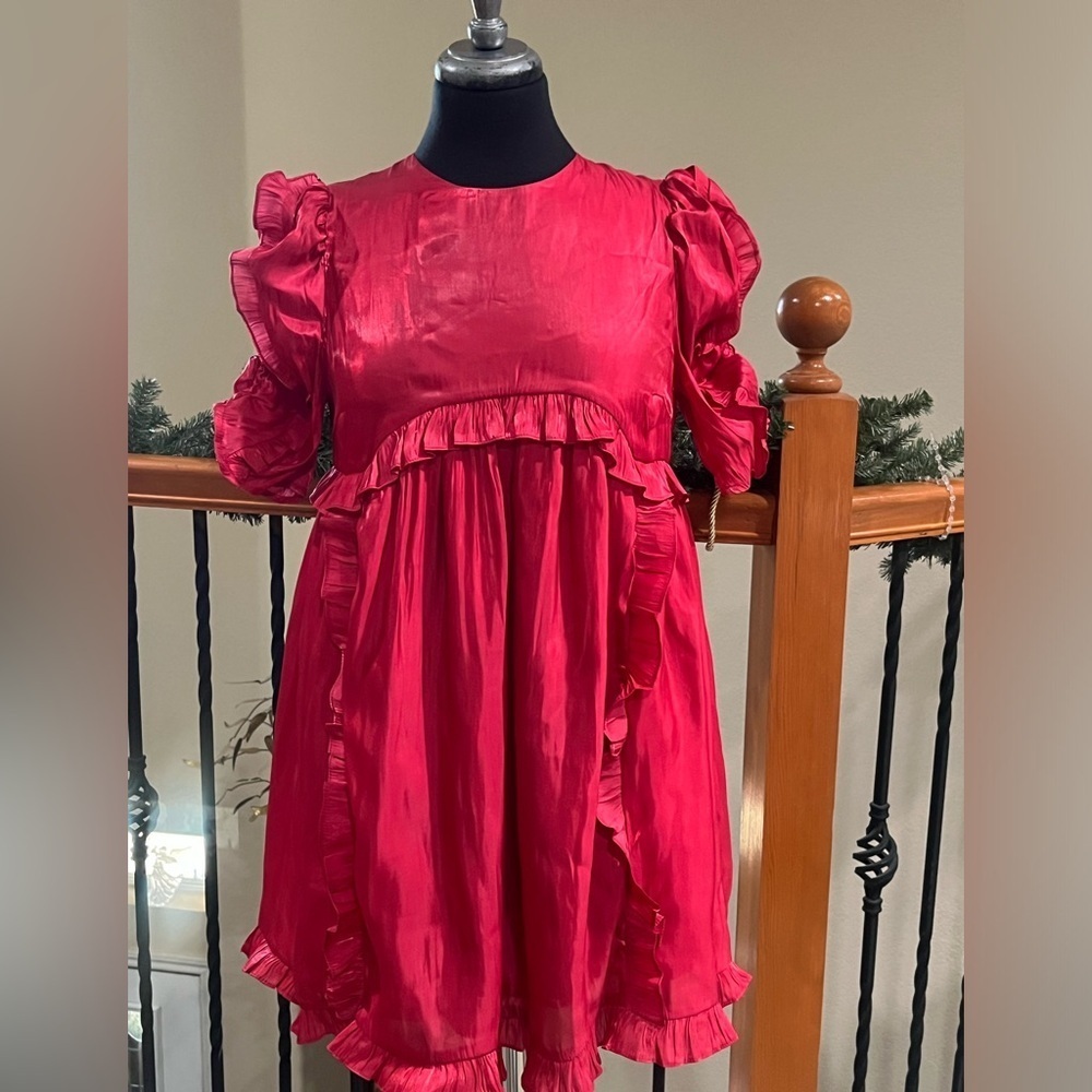 STORIA BRAND SWING BABYDOLL MINI RUFFLE DRESS, SHORT ROUCHED SLEEVES, SIZE M